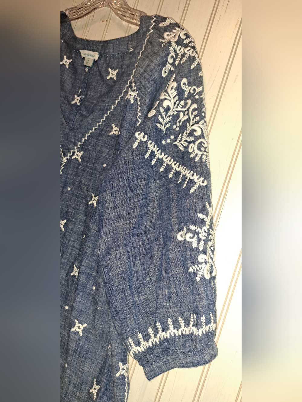 Sundance Blue Embroidered Peasant Top Blouse Breathable Cotton Boho Medium - Picture 5 of 12